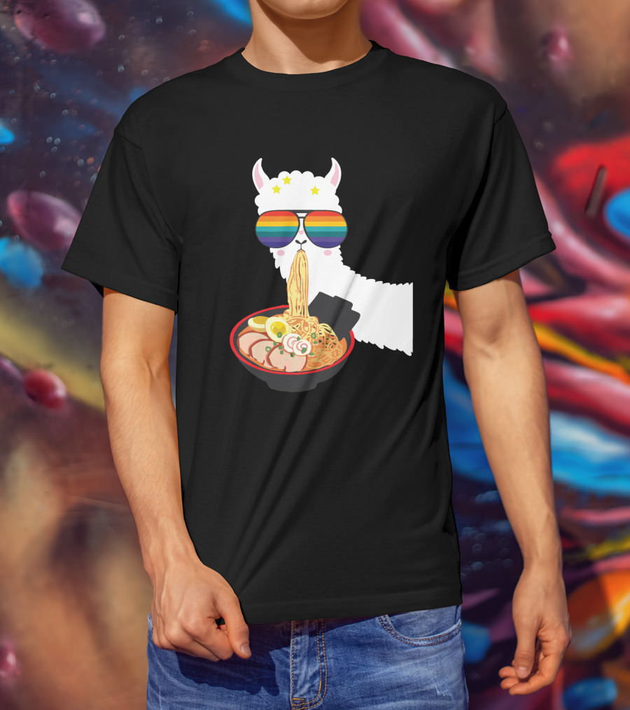 Rainbow Sunglasses LLama Eating Ramen Japanese Anime T-Shirt