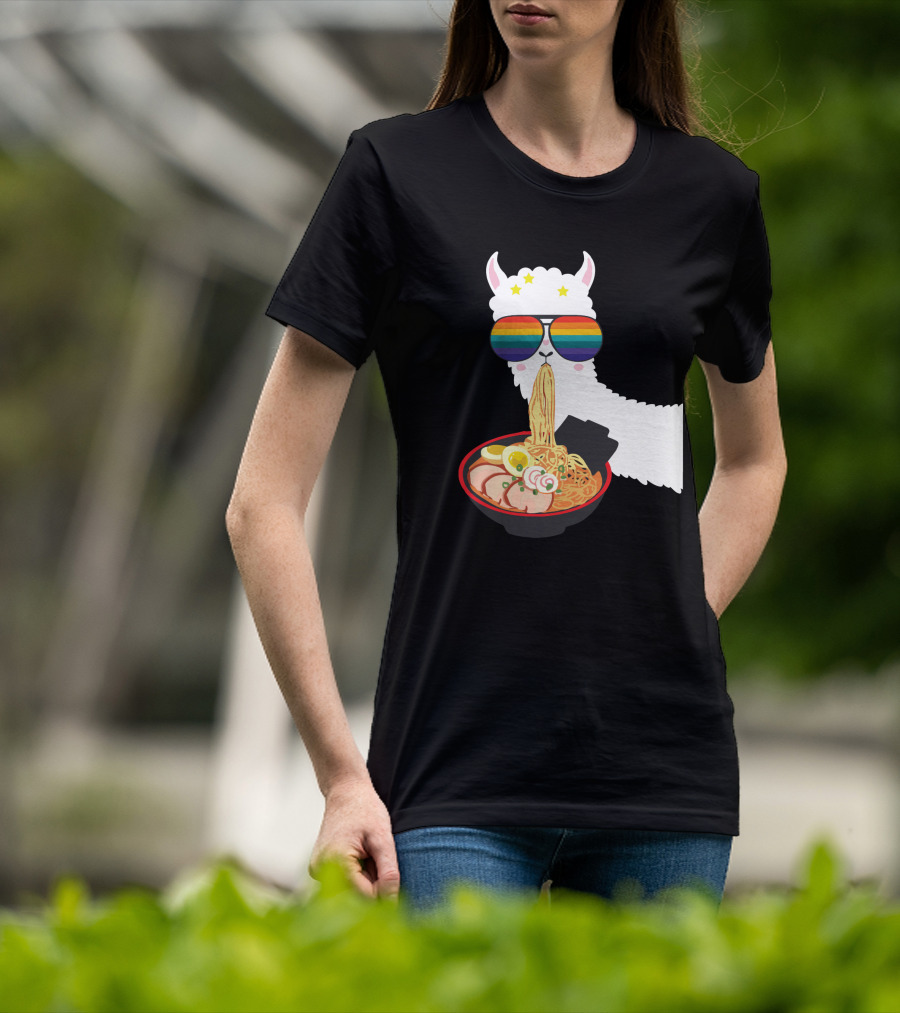 Rainbow Sunglasses LLama Eating Ramen Japanese Anime T-Shirt
