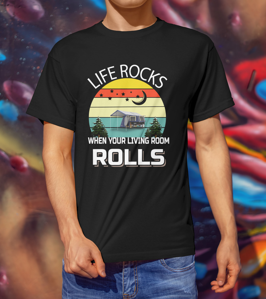 LIFE ROCKS WHEN YOUR LIVING ROOM ROLLS Camping Tent Trees Vintage Retro Moon Stars T-Shirt