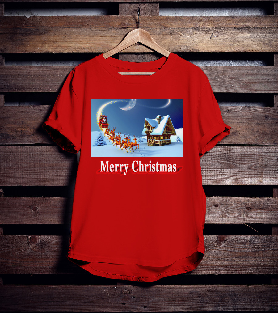 Merry Christmas Santa Sleigh Flying Over Snowy Cabin Scene T-Shirt