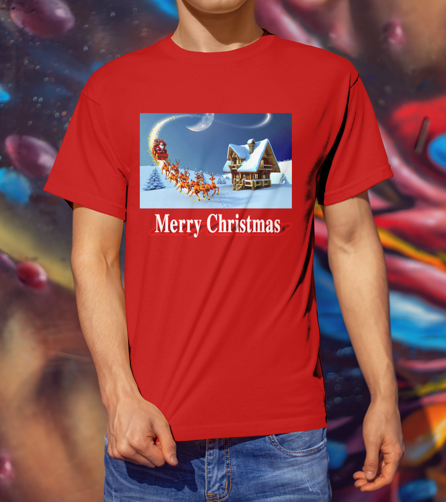 Merry Christmas Santa Sleigh Flying Over Snowy Cabin Scene T-Shirt