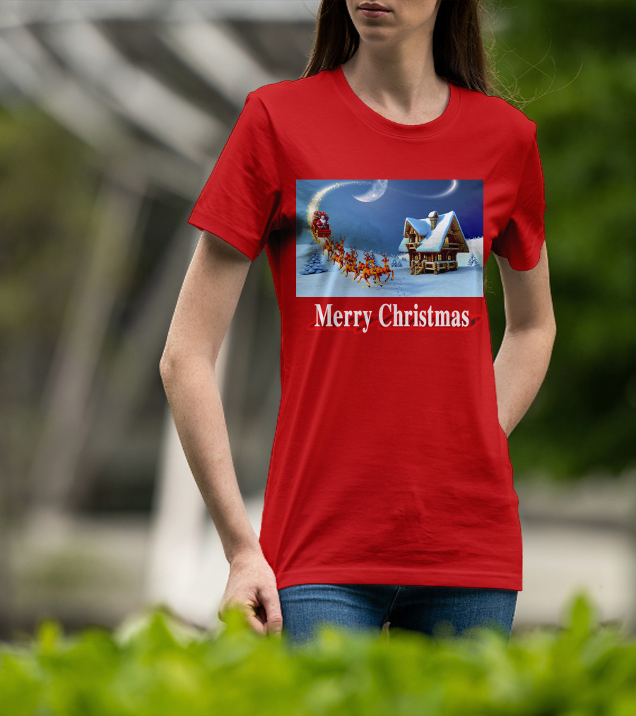 Merry Christmas Santa Sleigh Flying Over Snowy Cabin Scene T-Shirt