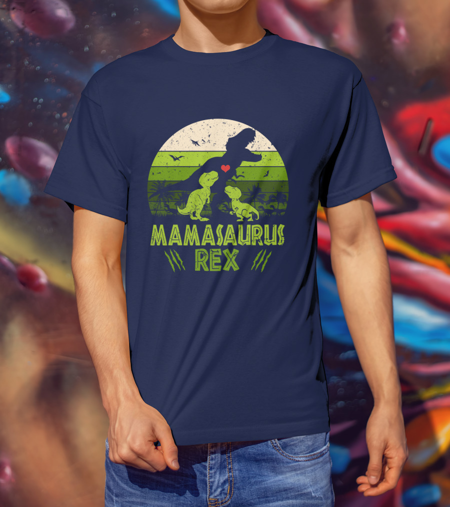 Kid Dinosaur Love For MamaSaurus Rex With Green Jungle Scene And Heart T-Shirt