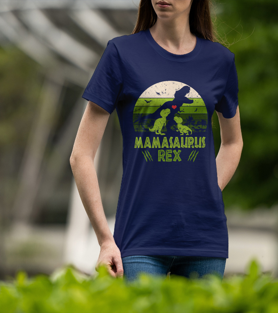 Kid Dinosaur Love For MamaSaurus Rex With Green Jungle Scene And Heart T-Shirt