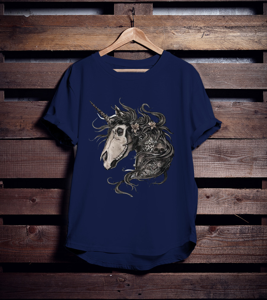 Floral Skull Unicorn Head With Flowers And Dark Mane T-Shirt