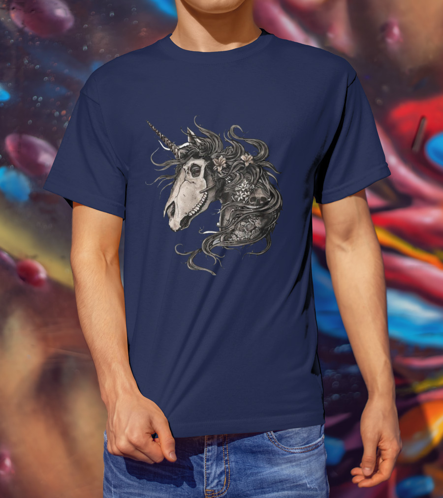 Floral Skull Unicorn Head With Flowers And Dark Mane T-Shirt