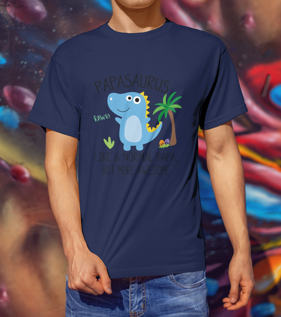 Papasaurus Rawr Like A Normal Papa But More Awesome Dinosaur With Palm Tree And Eggs T-Shirt