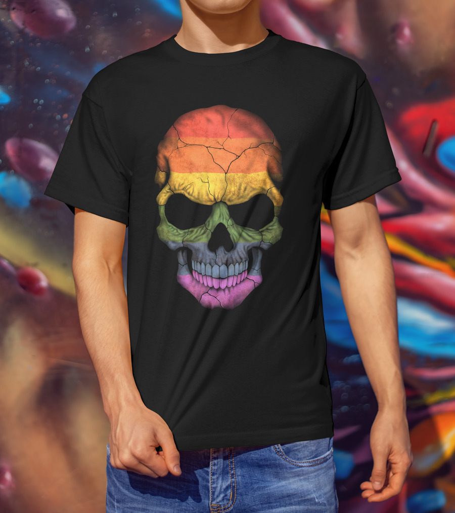 Gay Pride Rainbow Flag Skull Cracked Texture T-Shirt