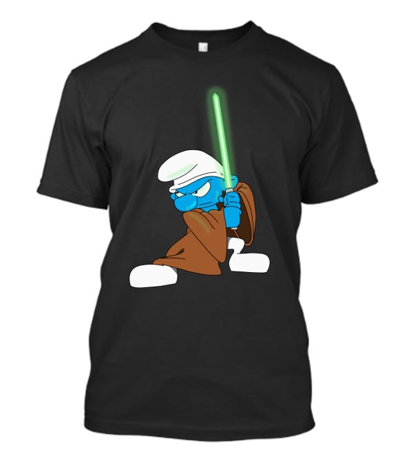 Smurf Jedi With Green Lightsaber In Star Wars-Inspired Crossover T-Shirt