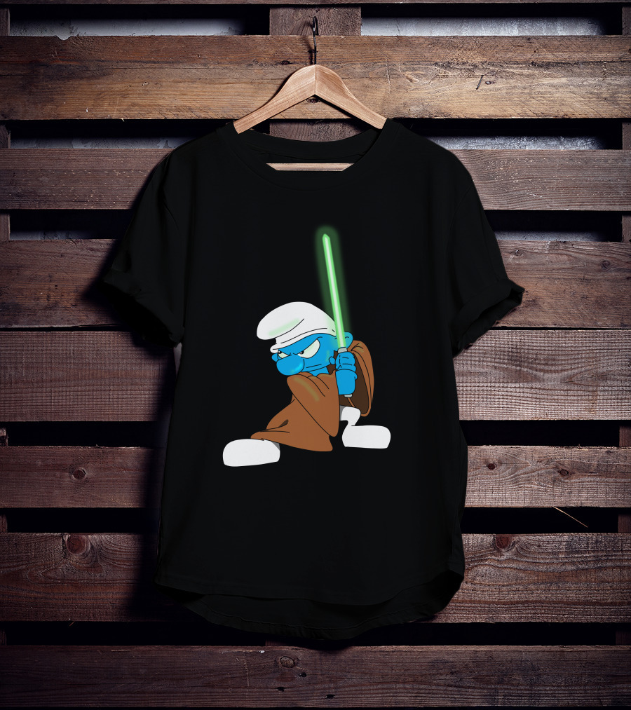 Smurf Jedi With Green Lightsaber In Star Wars-Inspired Crossover T-Shirt