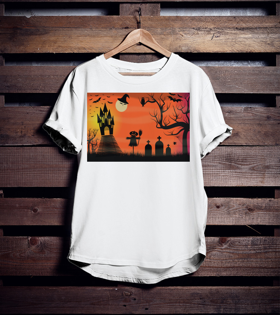 Halloween Haunted Castle Silhouette With Bats And Graveyard Scene T-Shirt