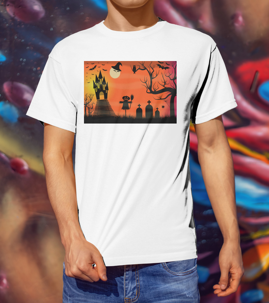 Halloween Haunted Castle Silhouette With Bats And Graveyard Scene T-Shirt