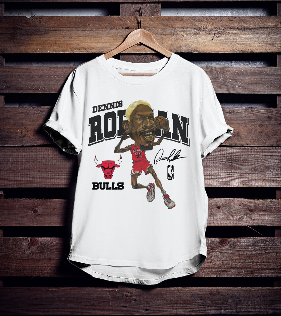 Dennis Rodman 91 Chicago Bulls NBA Caricature Signature Mitchell And Ness T-Shirt