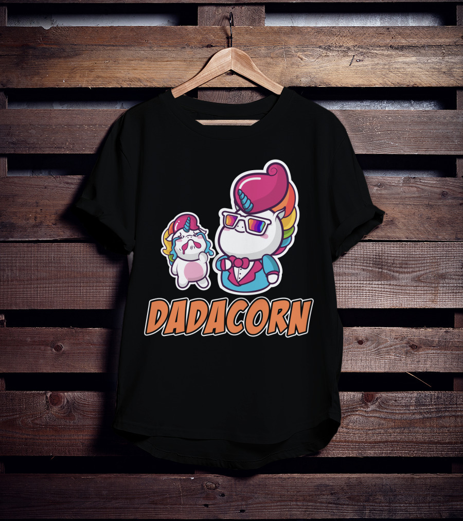 Dadacorn Unicorn Dad And Baby With Rainbow Outfits And Sunglasses T-Shirt