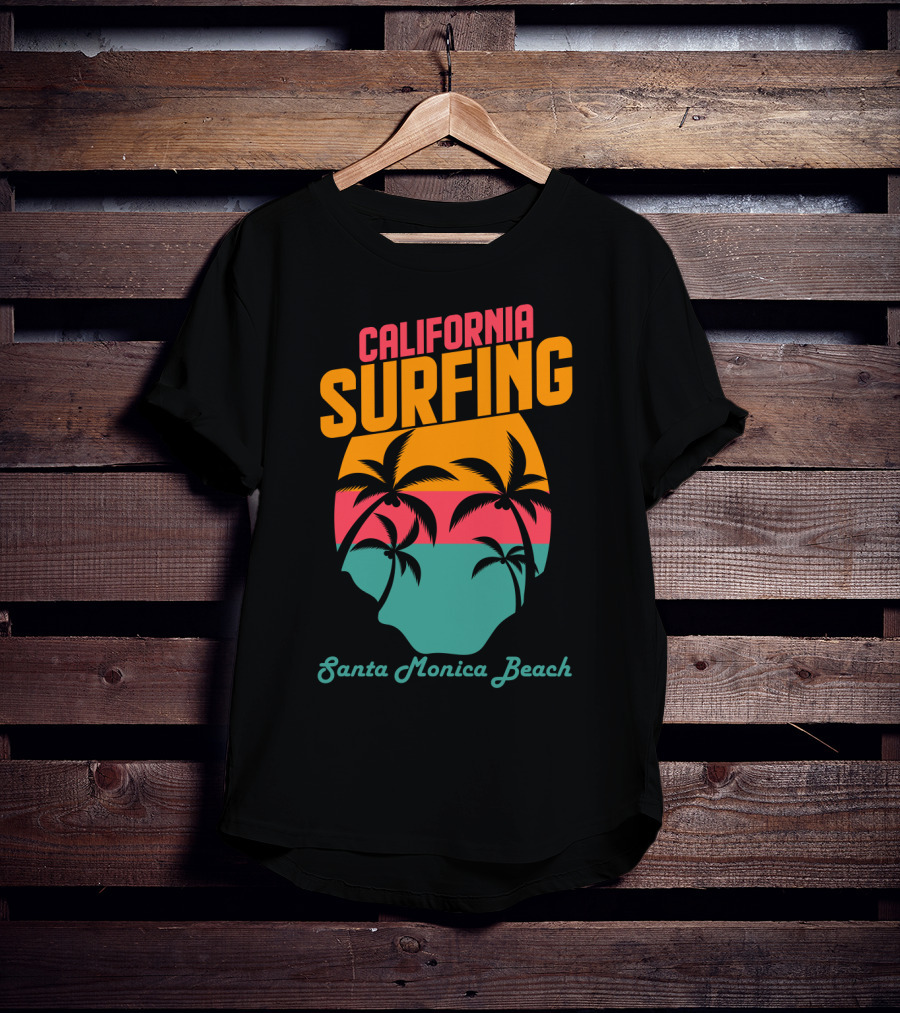 California Surfing Santa Monica Beach Sunset Palm Trees T-Shirt