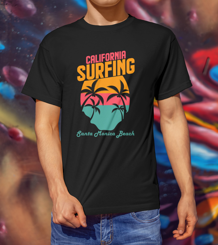 California Surfing Santa Monica Beach Sunset Palm Trees T-Shirt