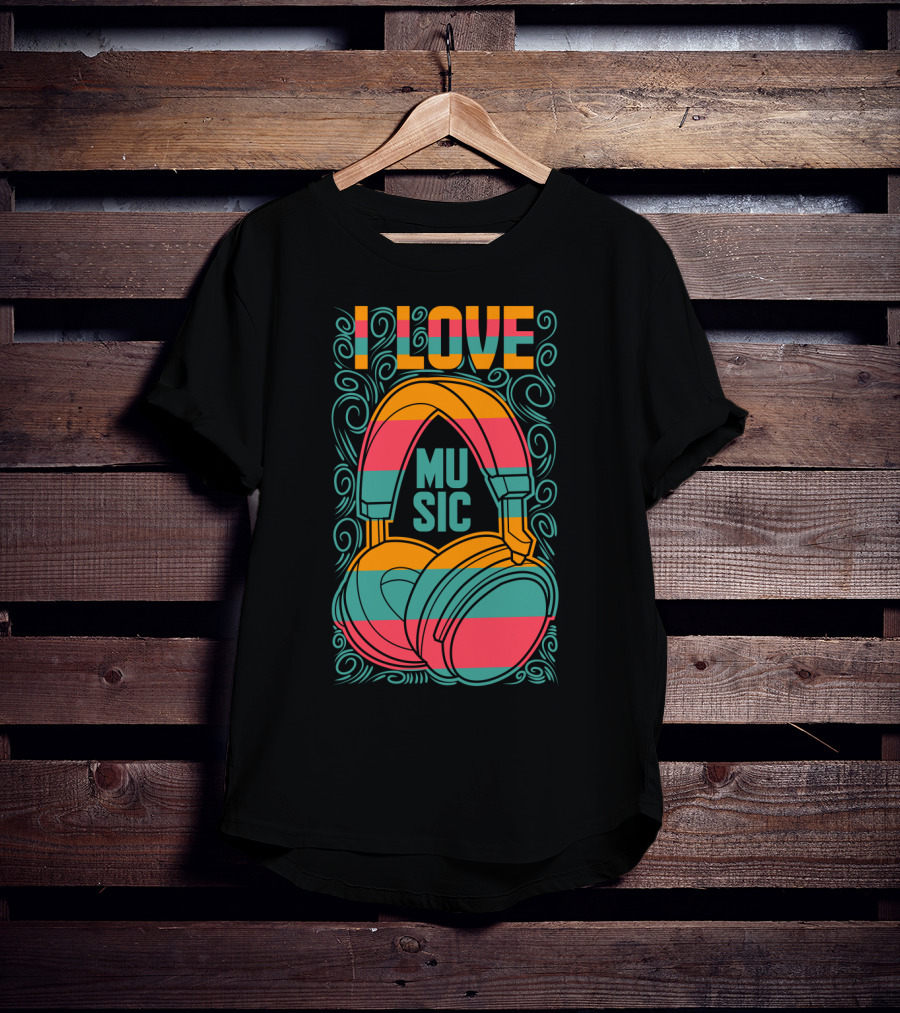I Love Music Vibrant Headphones Pattern With Swirling Design Elements T-Shirt