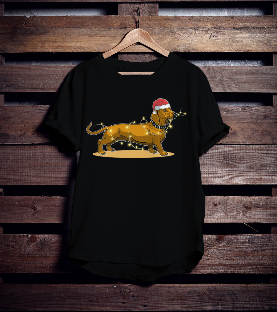 Dachshund Wrapped In Christmas Lights Wearing Santa Hat T-Shirt