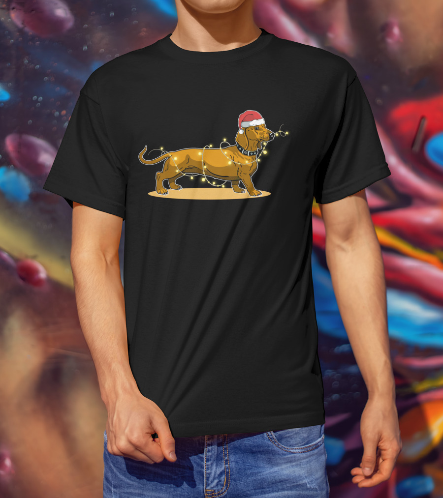 Dachshund Wrapped In Christmas Lights Wearing Santa Hat T-Shirt