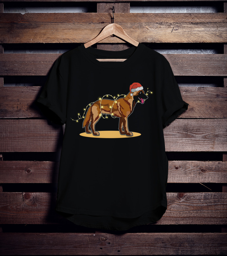 Belgian Malinois Wrapped In Christmas Lights With Santa Hat T-Shirt