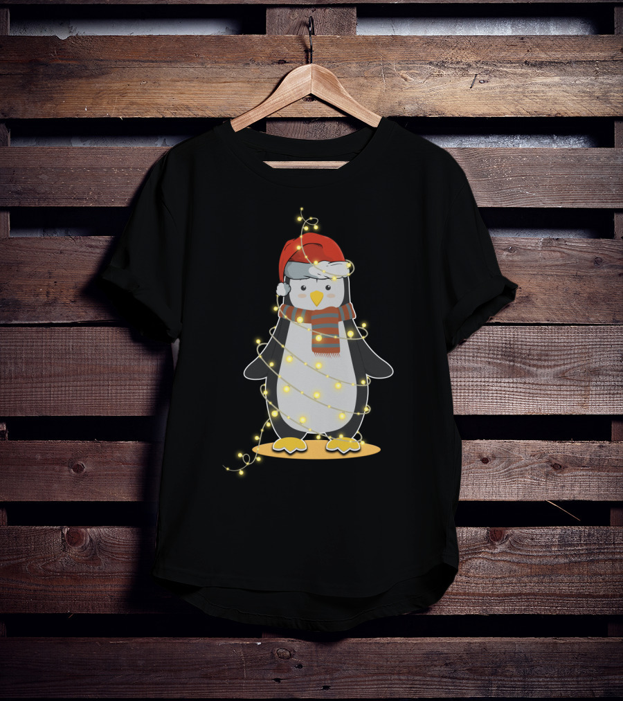 Penguin Wrapped In Christmas Lights With Santa Hat And Scarf T-Shirt