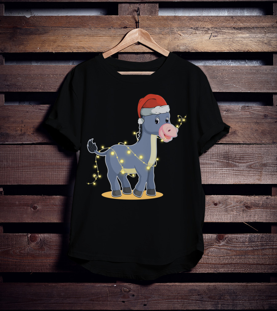 Christmas Lights Donkey With Santa Hat Holiday T-Shirt