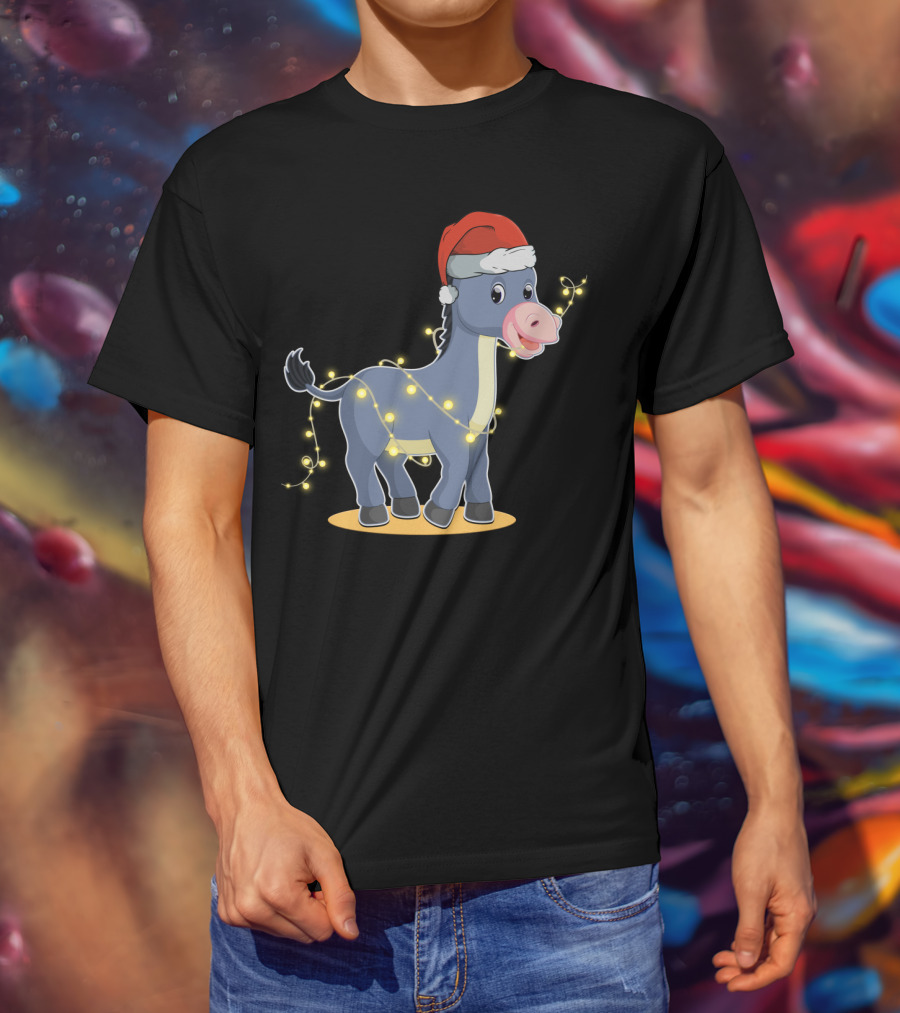Christmas Lights Donkey With Santa Hat Holiday T-Shirt