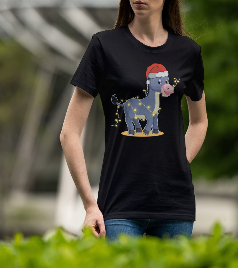 Christmas Lights Donkey With Santa Hat Holiday T-Shirt