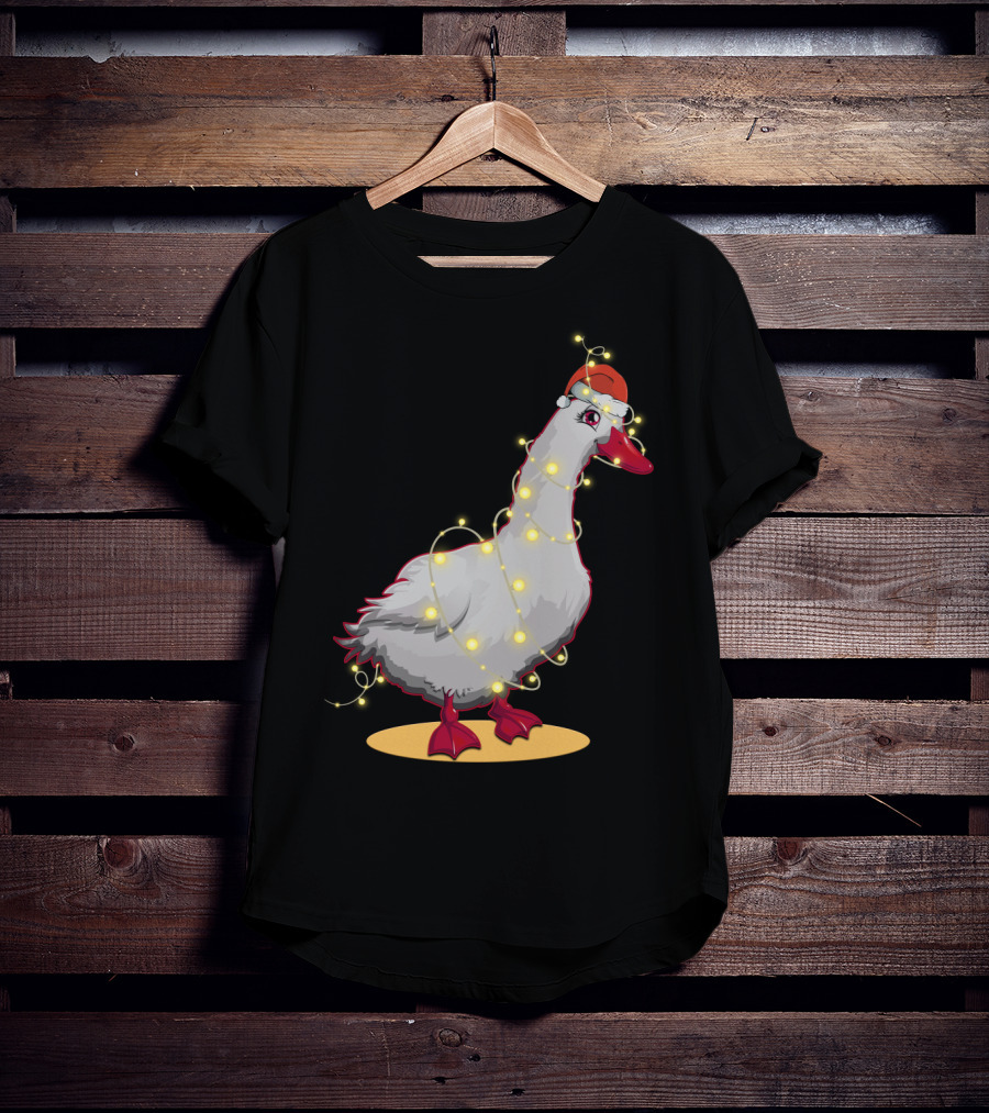 Christmas Lights Duck Wrapped In Festive String With Santa Hat T-Shirt