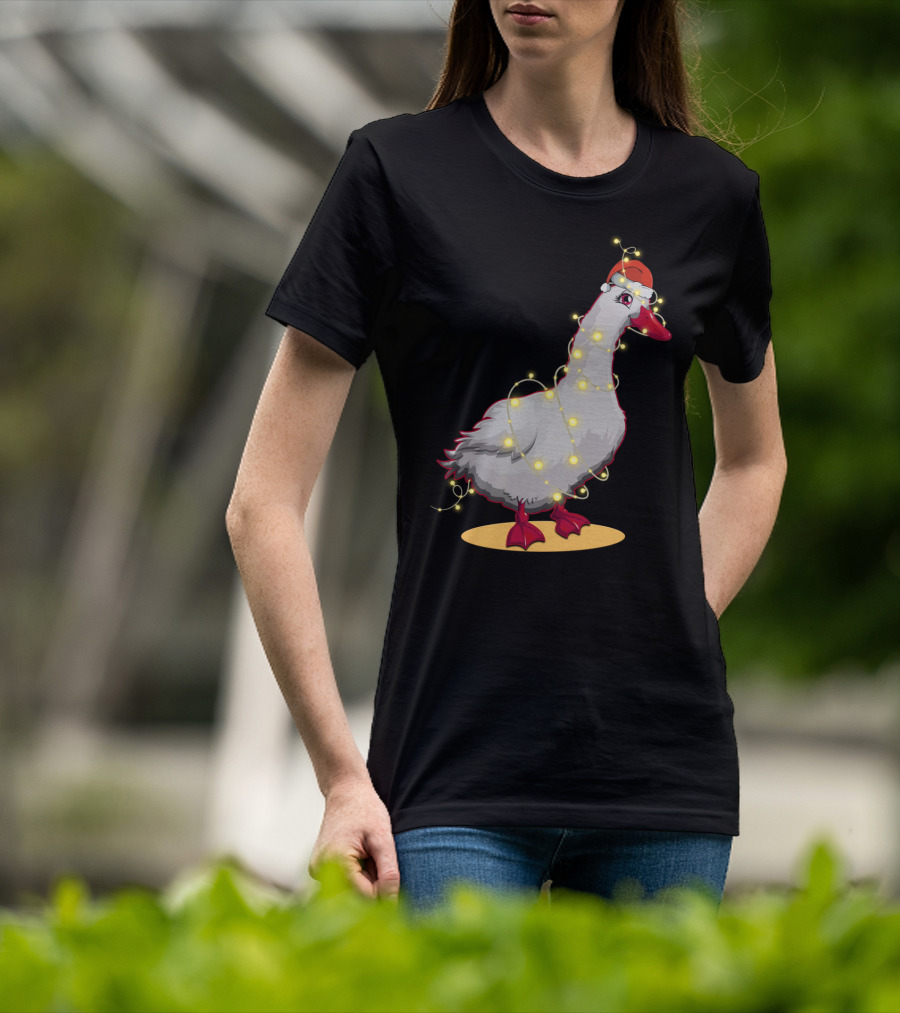 Christmas Lights Duck Wrapped In Festive String With Santa Hat T-Shirt