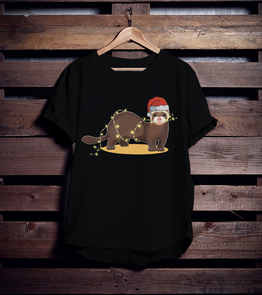 Christmas Lights Wrapped Ferret Wearing Santa Hat T-Shirt