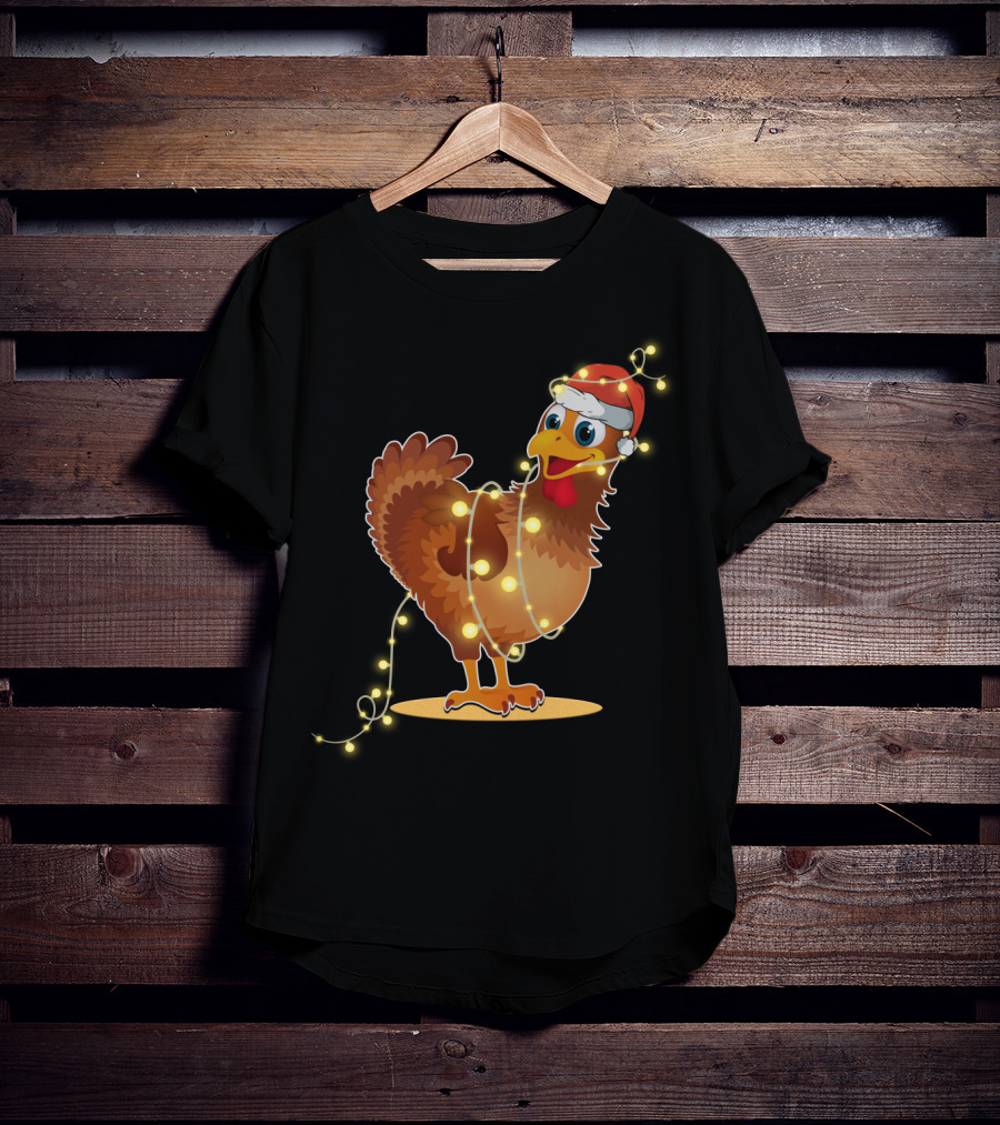Santa Hat Chicken Wrapped In Christmas String Lights T-Shirt