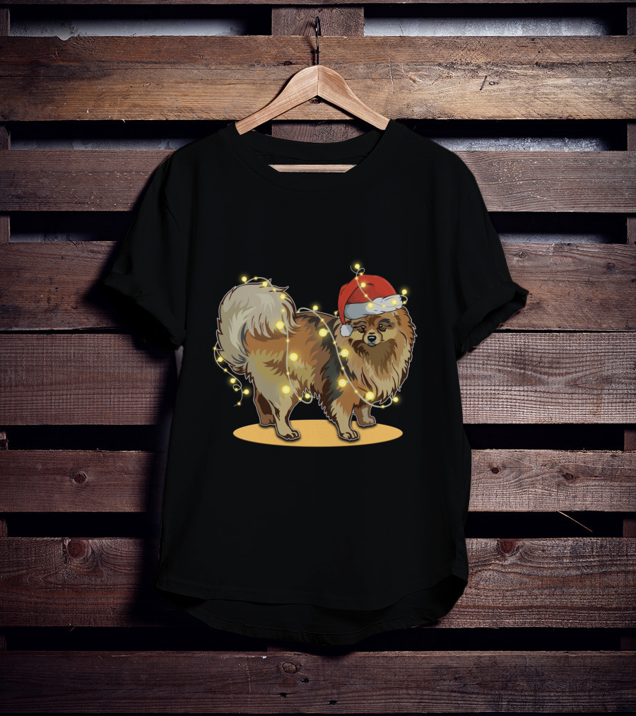 Pomeranian Wrapped In Christmas Lights Wearing Santa Hat T-Shirt