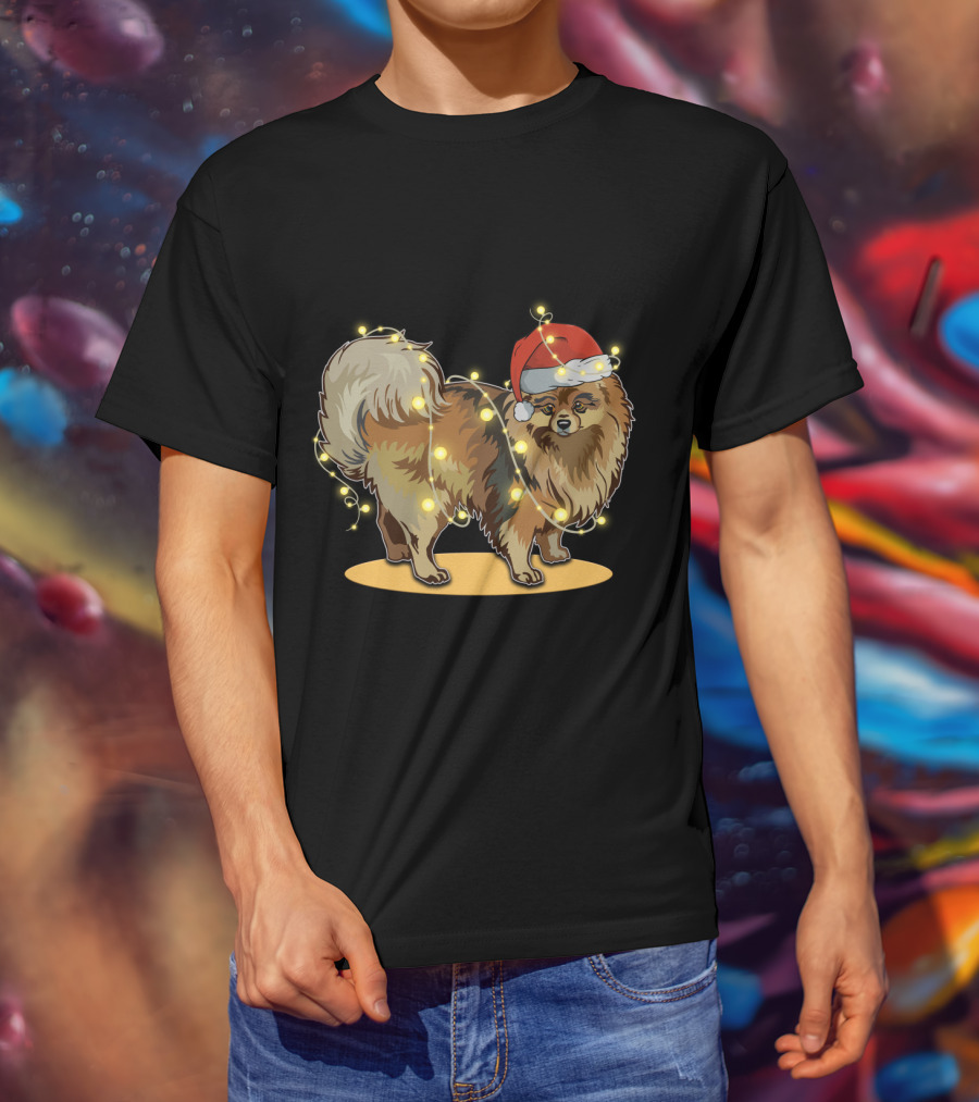 Pomeranian Wrapped In Christmas Lights Wearing Santa Hat T-Shirt