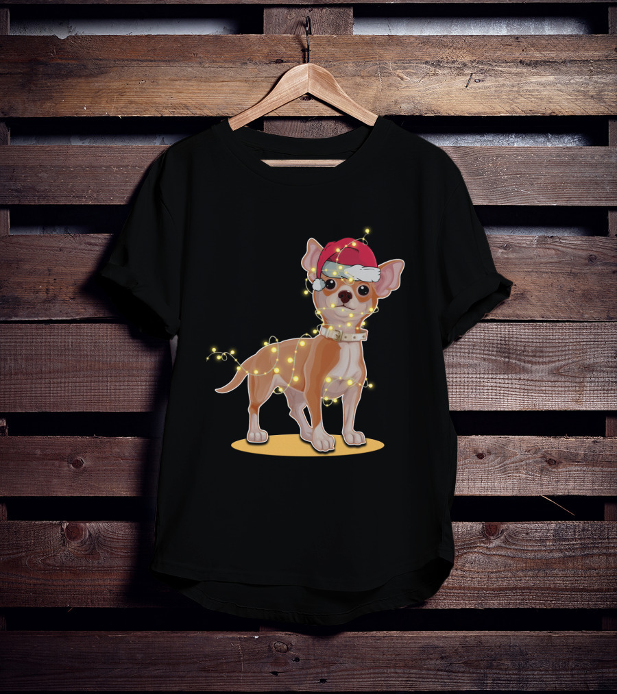 Chihuahua Wrapped In Festive Christmas Lights Wearing Santa Hat T-Shirt