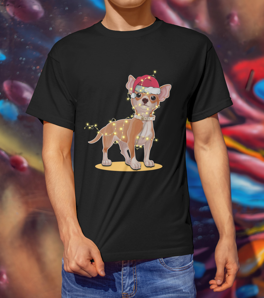 Chihuahua Wrapped In Festive Christmas Lights Wearing Santa Hat T-Shirt