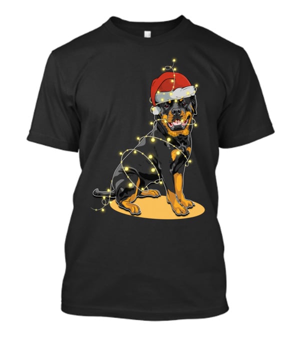 Rottweiler Wrapped In Christmas Lights With Santa Hat T-Shirt