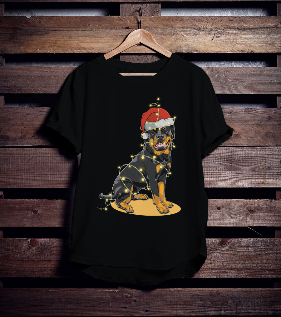 Rottweiler Wrapped In Christmas Lights With Santa Hat T-Shirt