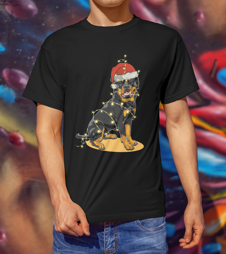 Rottweiler Wrapped In Christmas Lights With Santa Hat T-Shirt
