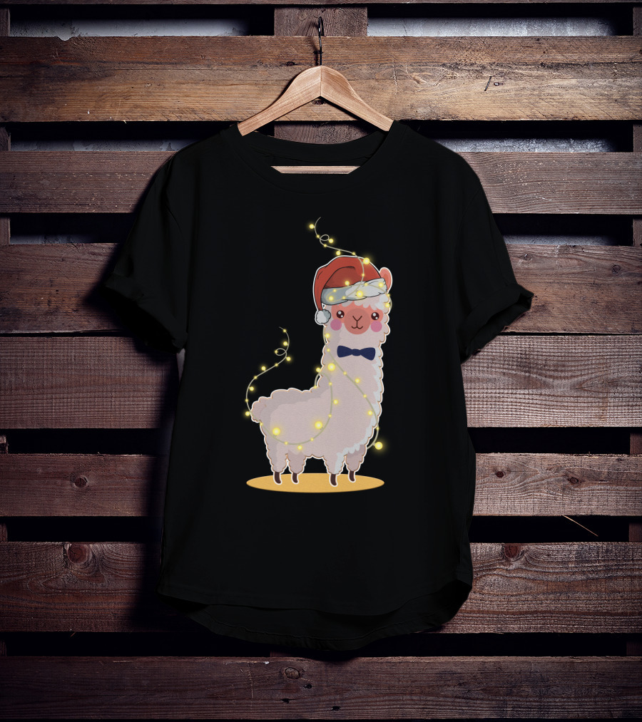 Alpaca Wrapped In Christmas Lights Wearing Santa Hat And Bow Tie T-Shirt