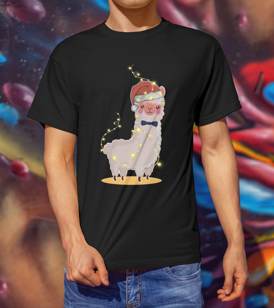 Alpaca Wrapped In Christmas Lights Wearing Santa Hat And Bow Tie T-Shirt
