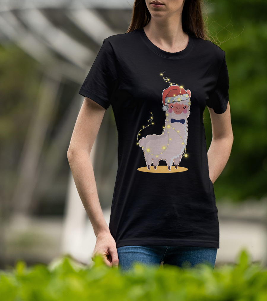 Alpaca Wrapped In Christmas Lights Wearing Santa Hat And Bow Tie T-Shirt