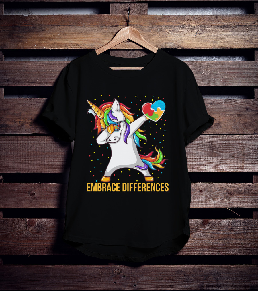 Embrace Differences Autism Awareness Dabbing Unicorn Heart Puzzle Piece T-Shirt