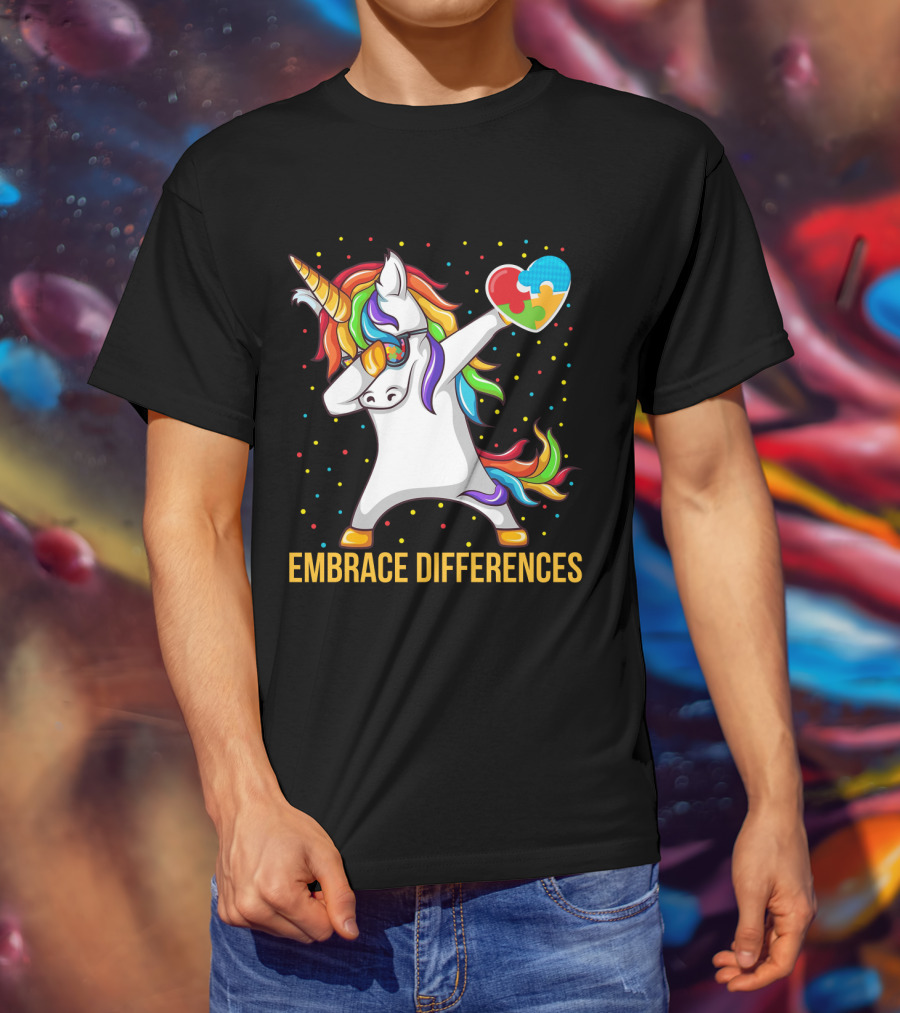 Embrace Differences Autism Awareness Dabbing Unicorn Heart Puzzle Piece T-Shirt