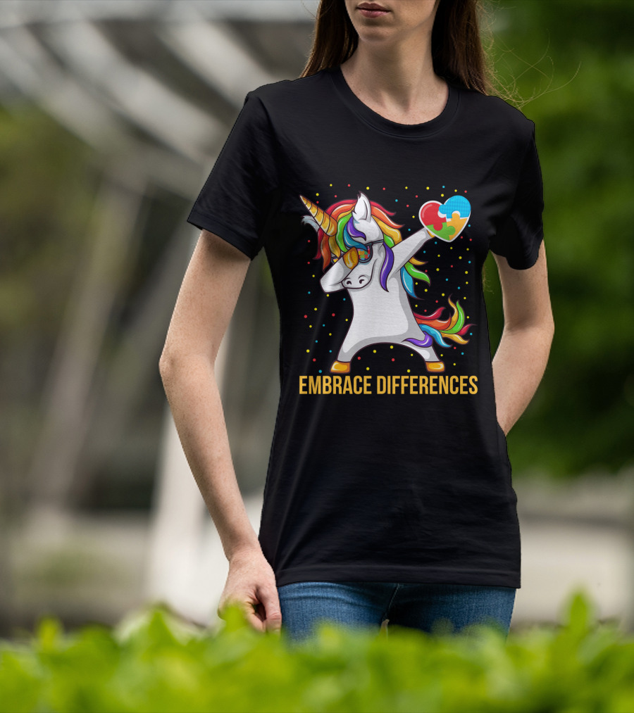 Embrace Differences Autism Awareness Dabbing Unicorn Heart Puzzle Piece T-Shirt