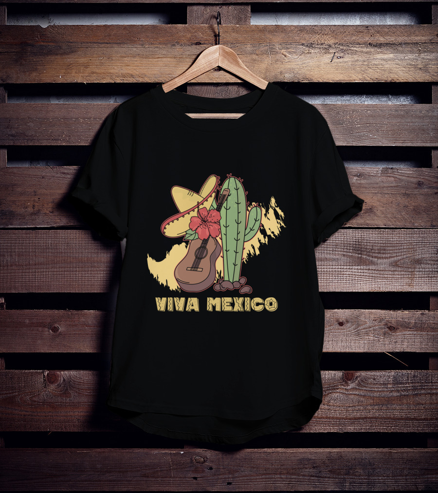 Viva Mexico Sombrero Guitar Cactus Flower T-Shirt