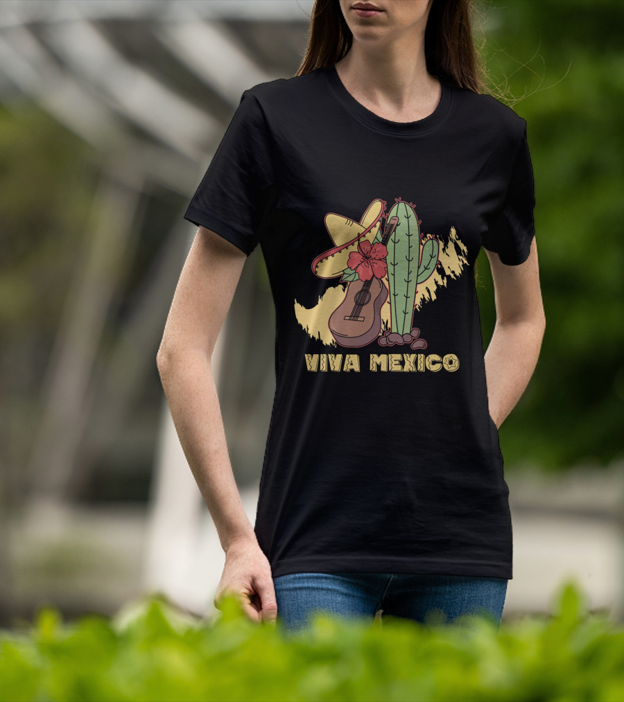 Viva Mexico Sombrero Guitar Cactus Flower T-Shirt