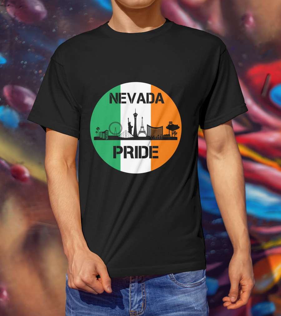 Nevada Pride Skyline With Irish Flag Colors And Iconic Landmarks T-Shirt