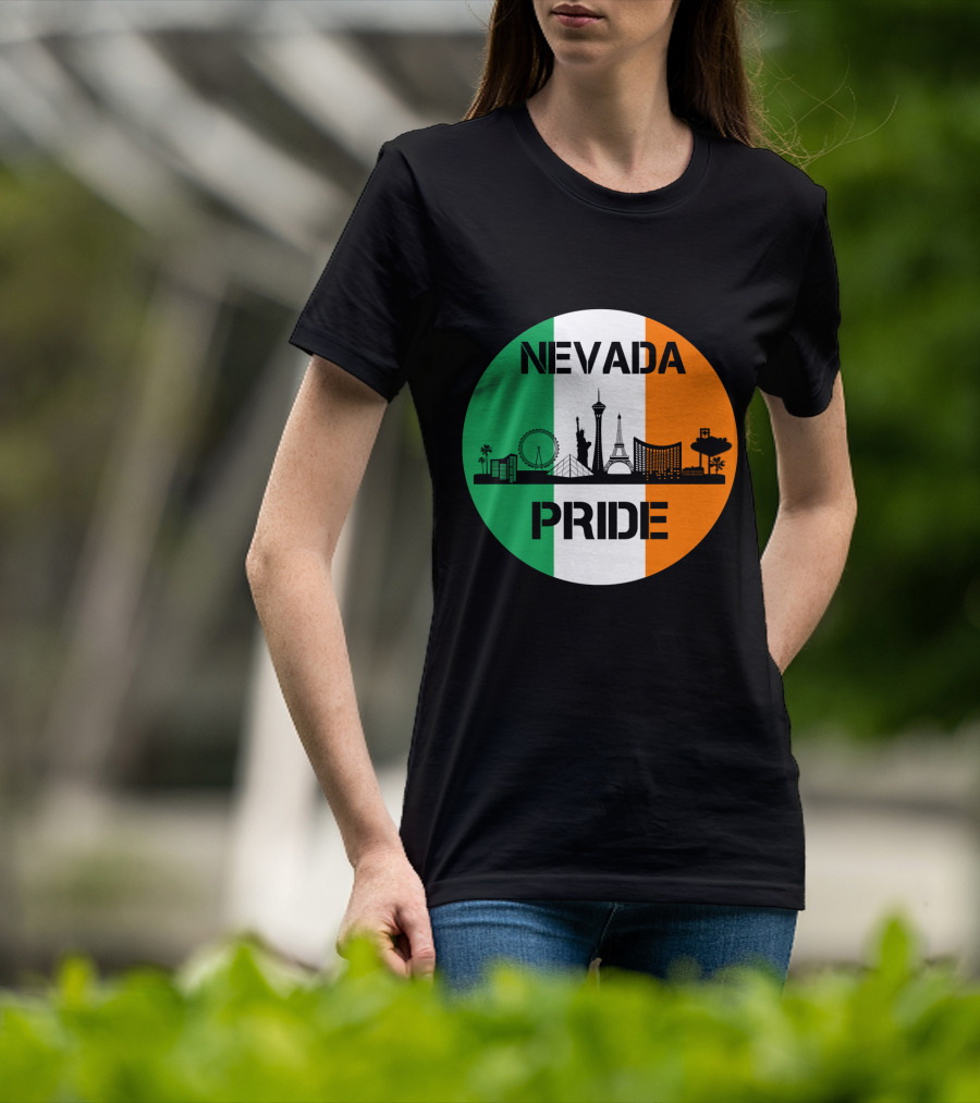 Nevada Pride Skyline With Irish Flag Colors And Iconic Landmarks T-Shirt