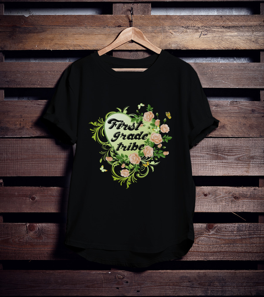 First Grade Tribe Floral Heart Butterfly Womens Teacher T-Shirt